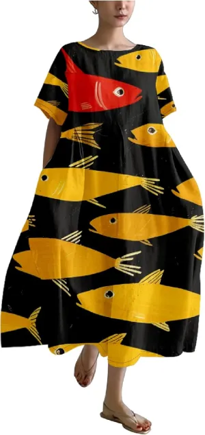 MARSVOVO Boho Dress for Women 2024 Plus Size Linen Casual Fish Wave Pattern Loose Fit Ruffle Hem Flowy Japanese Dress