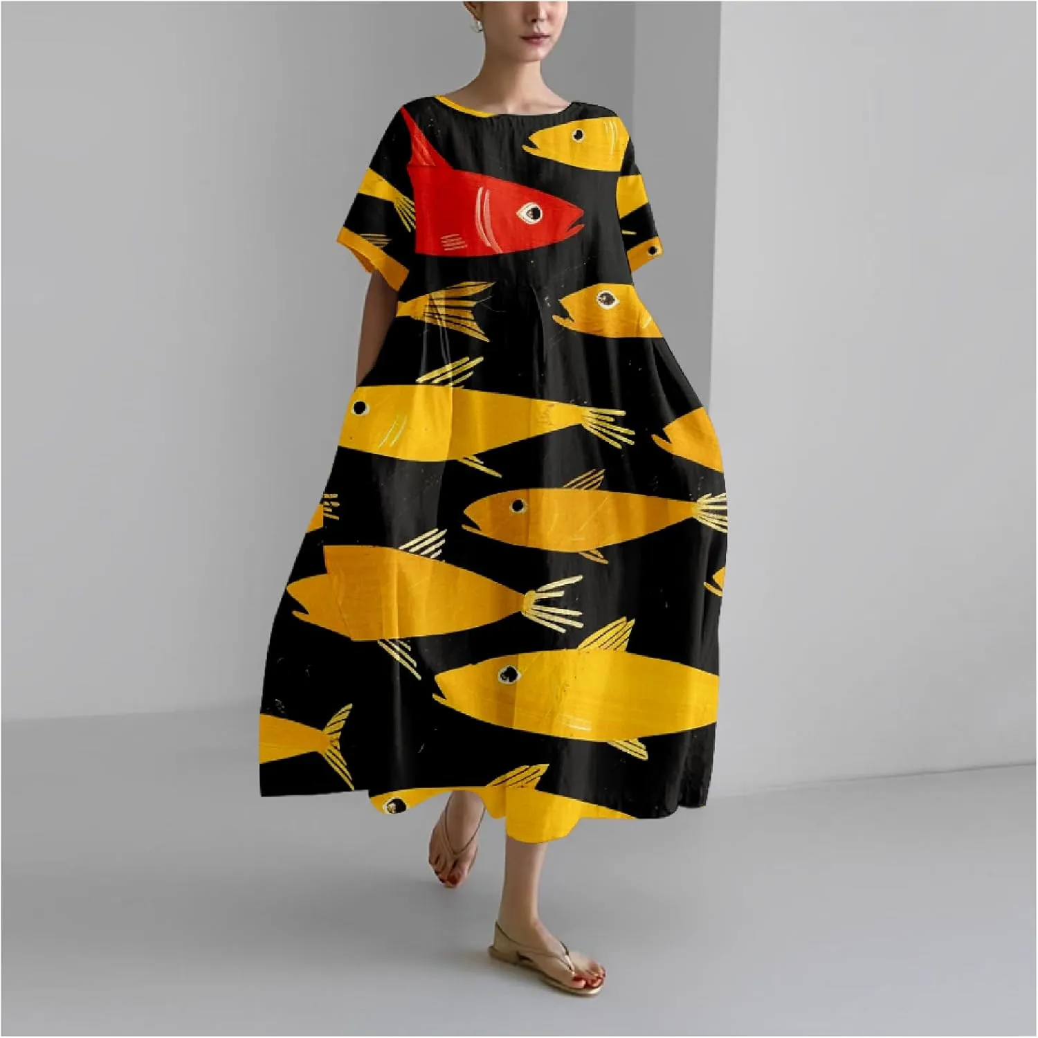 MARSVOVO Boho Dress for Women 2024 Plus Size Linen Casual Fish Wave Pattern Loose Fit Ruffle Hem Flowy Japanese Dress