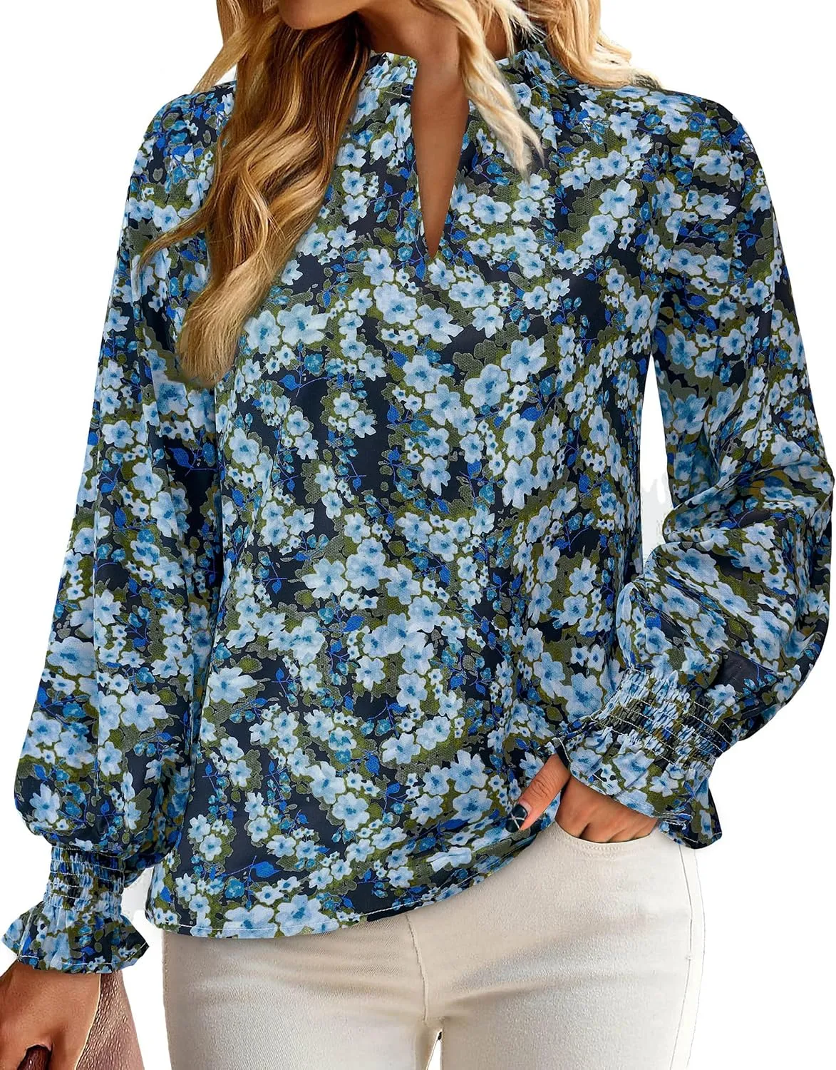 MASCOMODA Casual Spring Summer Chiffon Puff V Neck Trendy Tops for Womens 2025 Floral Dressy Long Sleeve Blouses Work Shirts