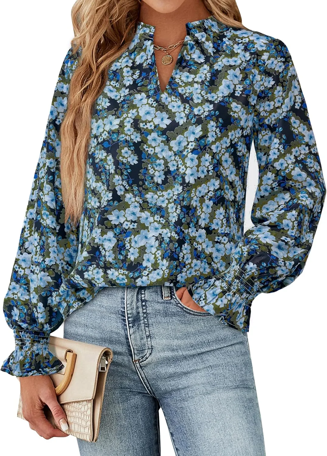 MASCOMODA Casual Spring Summer Chiffon Puff V Neck Trendy Tops for Womens 2025 Floral Dressy Long Sleeve Blouses Work Shirts
