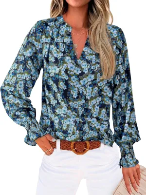 MASCOMODA Casual Spring Summer Chiffon Puff V Neck Trendy Tops for Womens 2025 Floral Dressy Long Sleeve Blouses Work Shirts