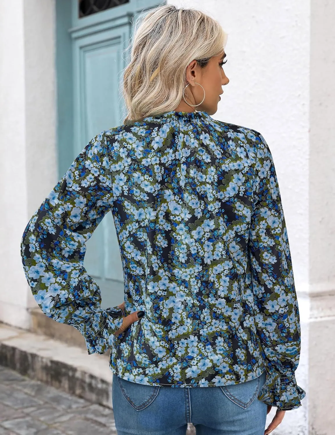 MASCOMODA Casual Spring Summer Chiffon Puff V Neck Trendy Tops for Womens 2025 Floral Dressy Long Sleeve Blouses Work Shirts
