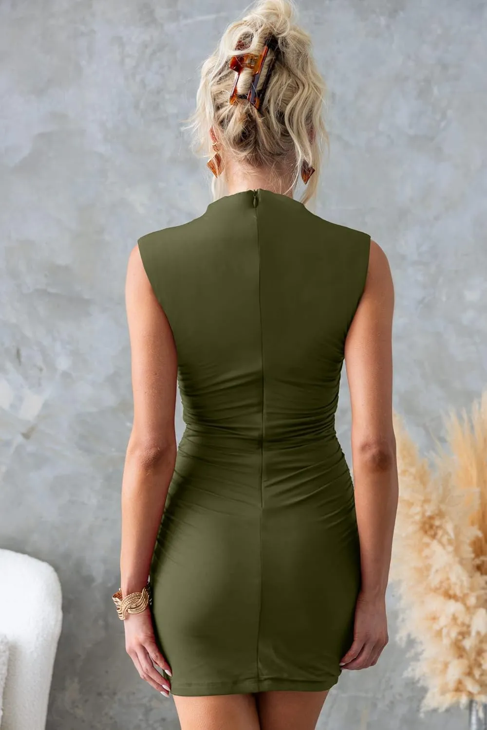 OWIN Women's Sexy Summer Casual Mock Neck Dresses Sleeveless Ruched Bodycon Cocktail Party Mini Dress