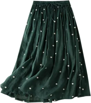 Polka Dot Skirts for Women Midi Length Casual Drawstring Elastic Waisted Swing A-Line Pleated Skirt