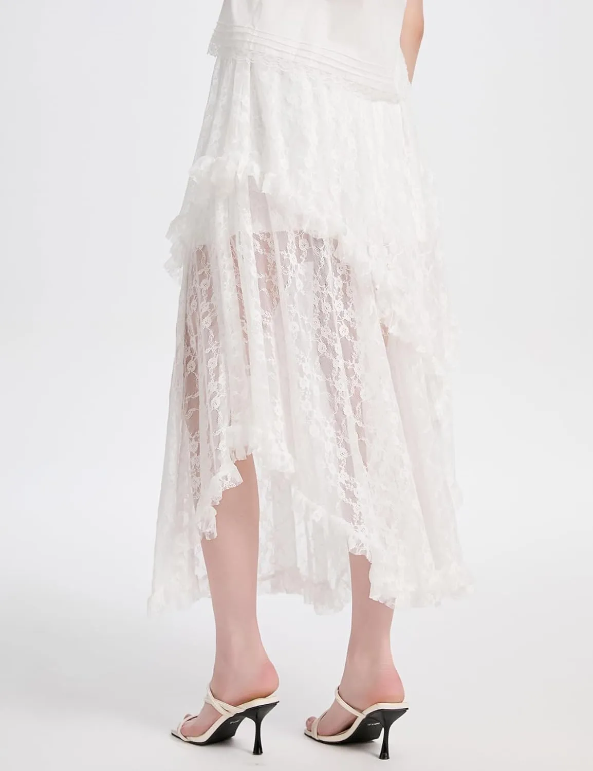 ROJZR Womens Lace Long Skirts Elastic High Low Asymmetrical Layered Hem Sexy See-Through Maxi Skirts Sheer Flowy Beach