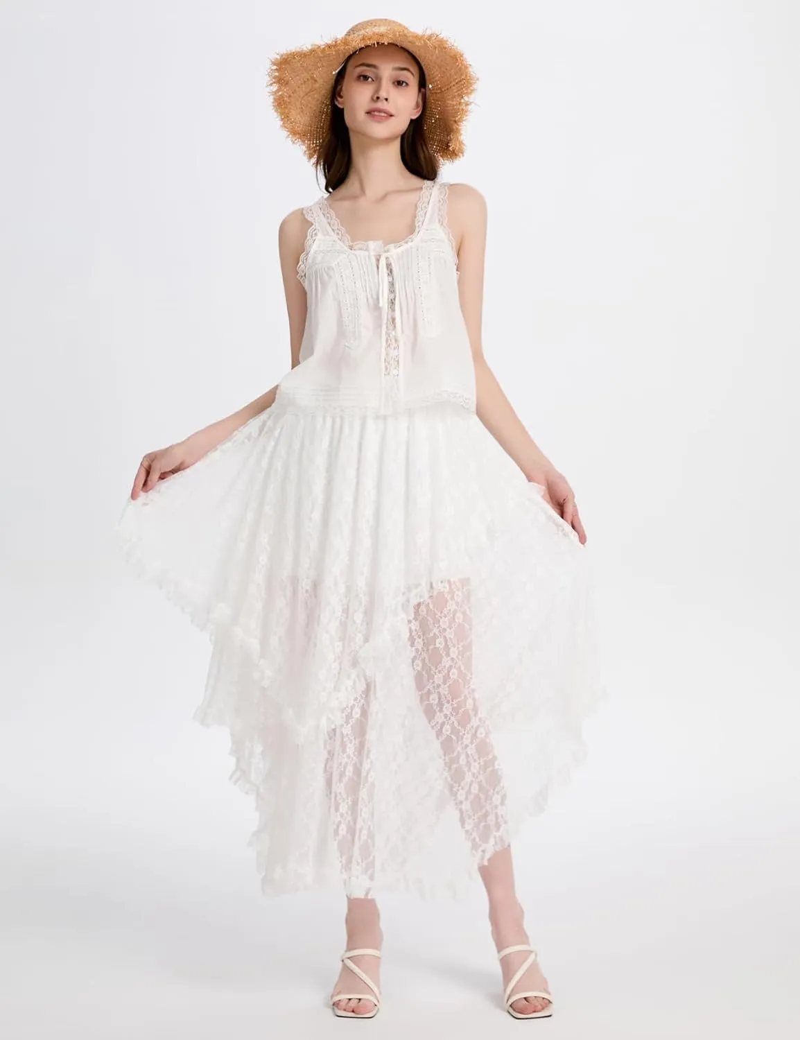 ROJZR Womens Lace Long Skirts Elastic High Low Asymmetrical Layered Hem Sexy See-Through Maxi Skirts Sheer Flowy Beach
