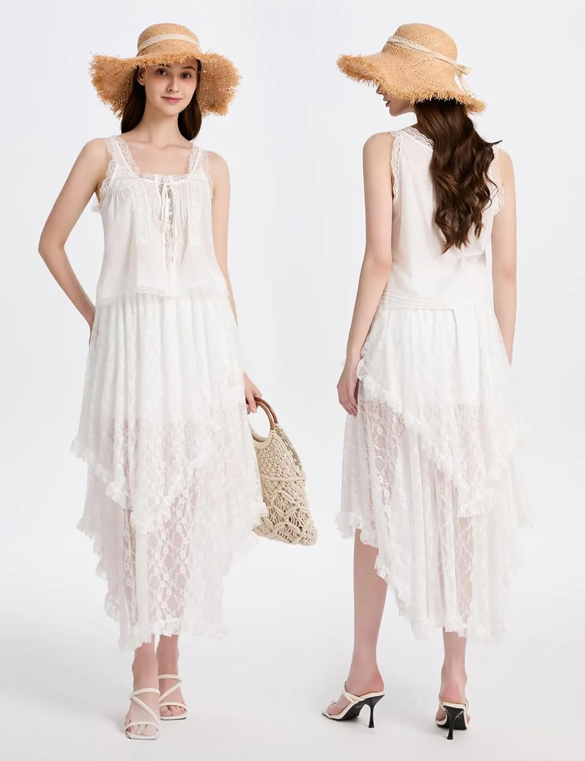 ROJZR Womens Lace Long Skirts Elastic High Low Asymmetrical Layered Hem Sexy See-Through Maxi Skirts Sheer Flowy Beach