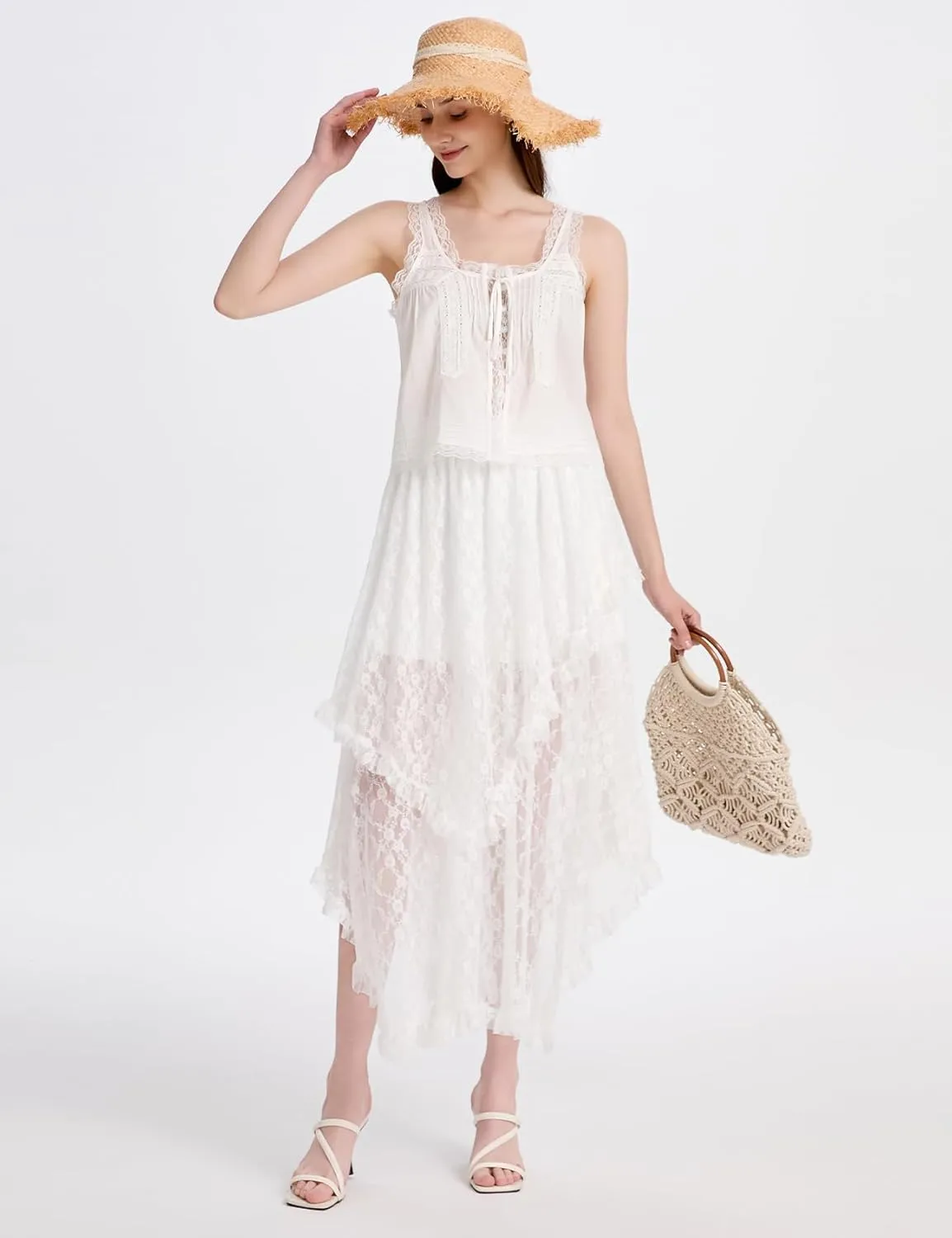 ROJZR Womens Lace Long Skirts Elastic High Low Asymmetrical Layered Hem Sexy See-Through Maxi Skirts Sheer Flowy Beach