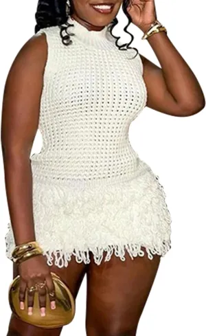 Sexy Crochet Fringe Mini Dresses for Women Summer Sleeveless Hollow Out Tassel Knit Bodycon Dress