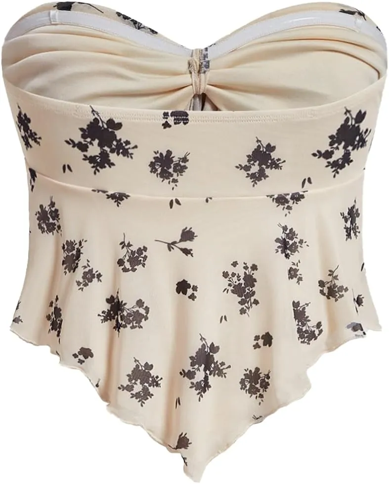 SHENHE Women's Floral Strapless Tie Front Lettuce Trim Asymmetrical Flare Boho Tube Top