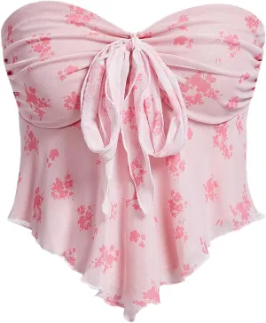 SHENHE Women's Floral Strapless Tie Front Lettuce Trim Asymmetrical Flare Boho Tube Top