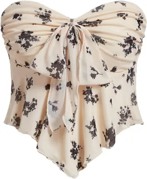 SHENHE Women's Floral Strapless Tie Front Lettuce Trim Asymmetrical Flare Boho Tube Top