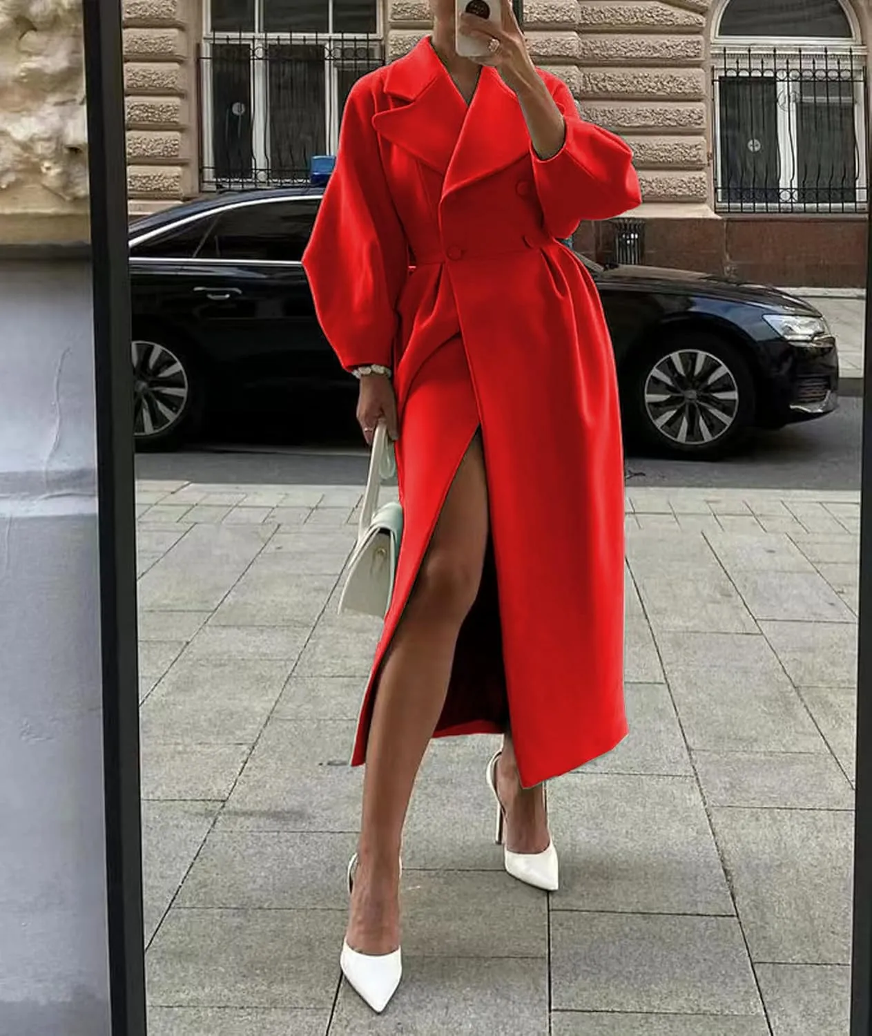 SOMTHRON Women's Casual Trench Coat Double Breasted Notched Lapel Long Lantern Sleeve Jacket Overcoat Pea Coat