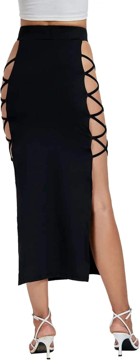 Umenlele Women's Sexy Split Thigh Cut Out Lace Up Side High Waist Midi Skirt