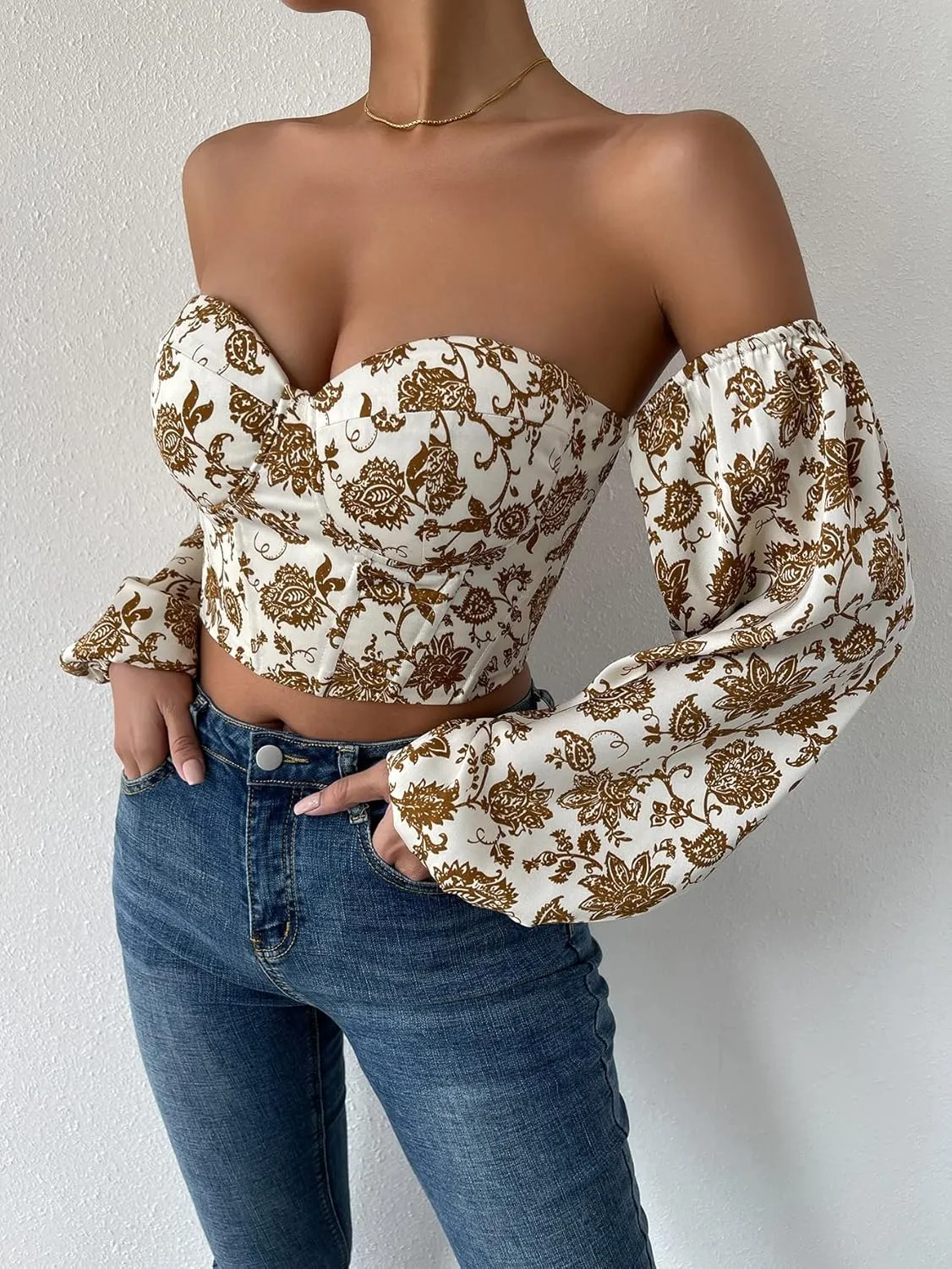 Verdusa Women's Floral Print Lace Up Strapless Bishop Sleeve Crop Blouse Top
