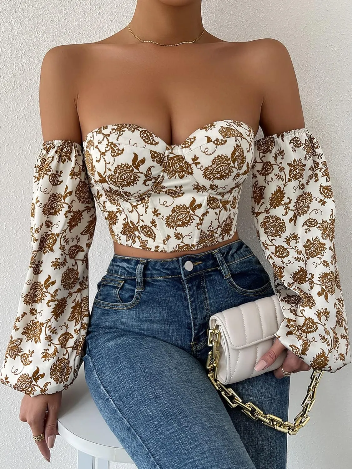 Verdusa Women's Floral Print Lace Up Strapless Bishop Sleeve Crop Blouse Top