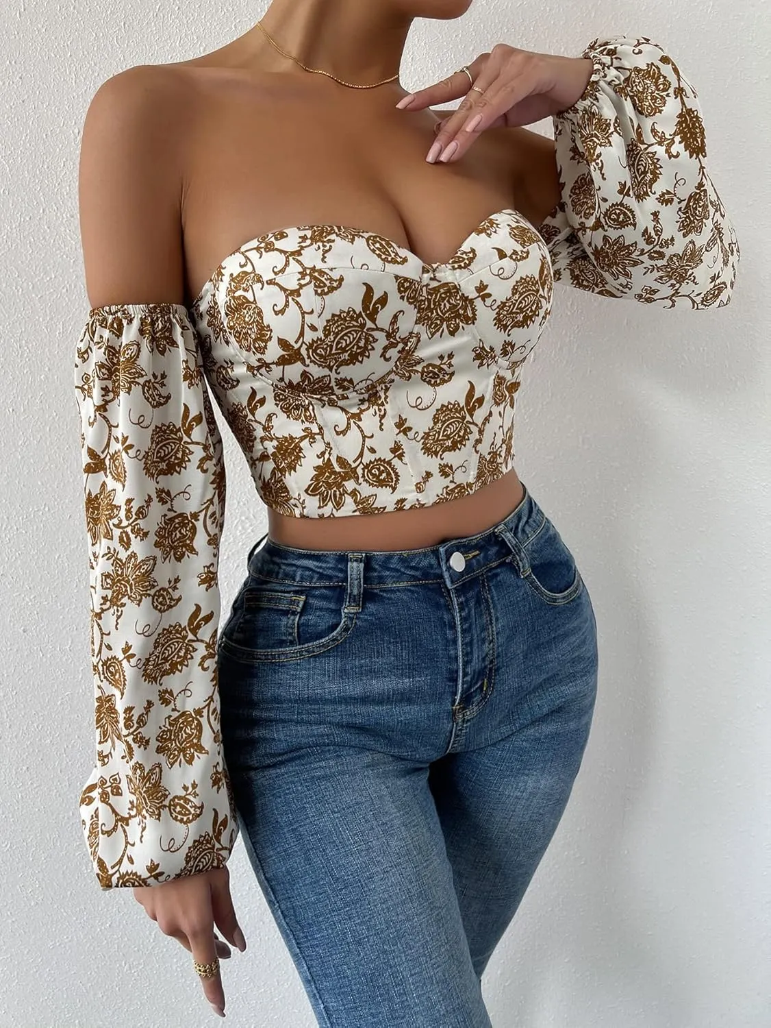 Verdusa Women's Floral Print Lace Up Strapless Bishop Sleeve Crop Blouse Top