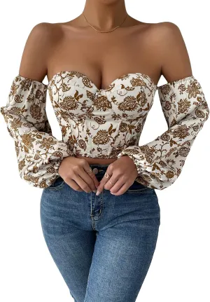 Verdusa Women's Floral Print Lace Up Strapless Bishop Sleeve Crop Blouse Top