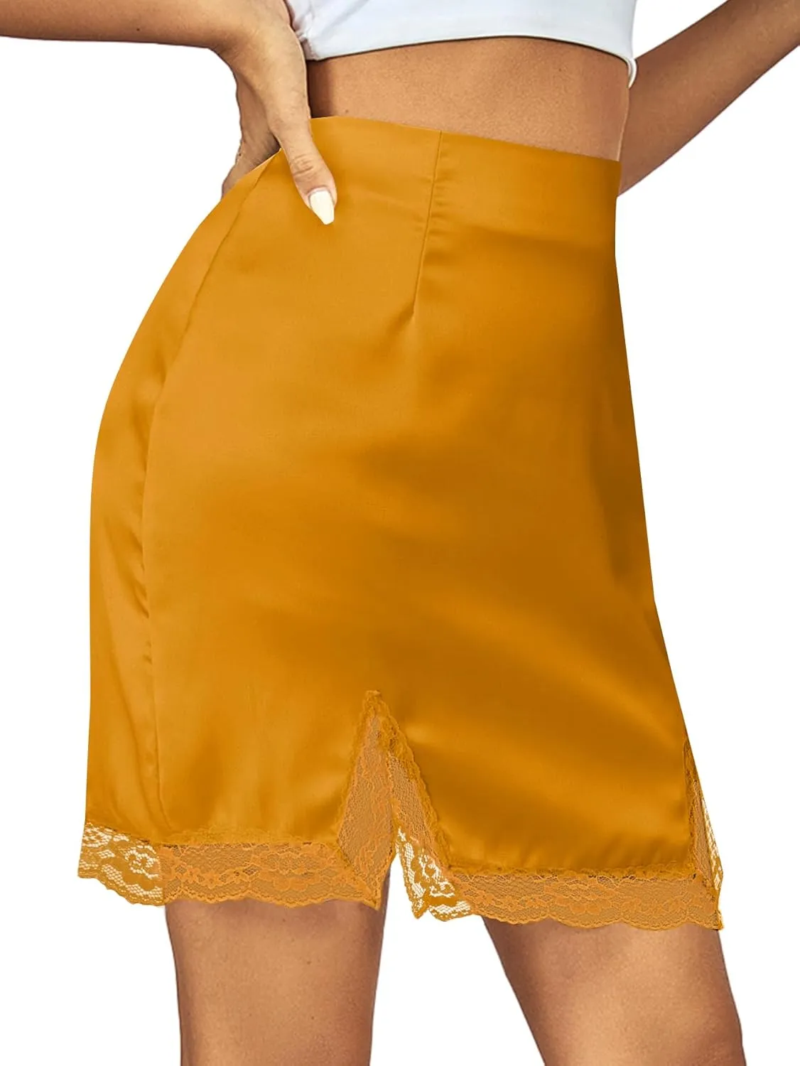 Vrtige Women's Satin Lace Trim High Waist Split Hem Bodycon Mini Short Skirt