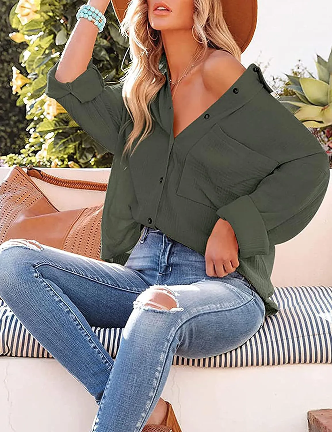 Wanzetaly Women's Casual Oversized Long Sleeve Button Down Shirts Cotton Business Office Blouse Tops