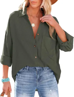 Wanzetaly Women's Casual Oversized Long Sleeve Button Down Shirts Cotton Business Office Blouse Tops