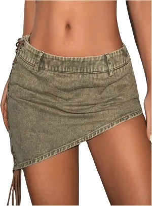 WDIRARA Women's Asymmetrical Hem Low Rise Mini Denim Skirts Lace Up Side Y2K Bodycon Skirt