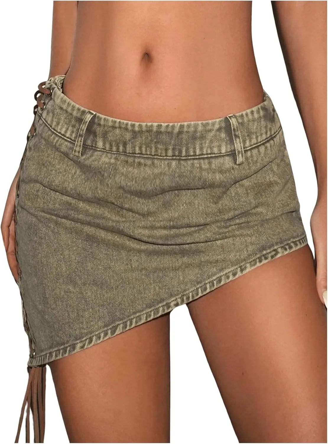 WDIRARA Women's Asymmetrical Hem Low Rise Mini Denim Skirts Lace Up Side Y2K Bodycon Skirt