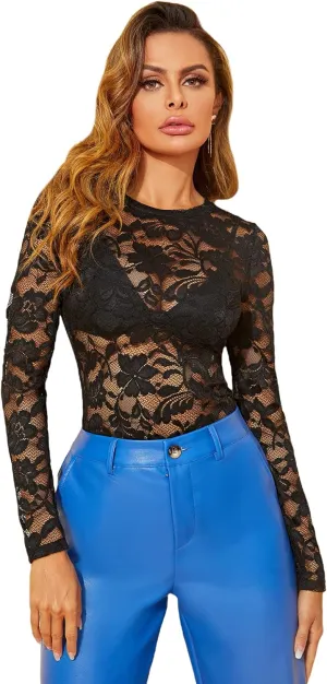 WDIRARA Women's Floral Embroidery Mesh Lace Round Neck Long Sleeve Top
