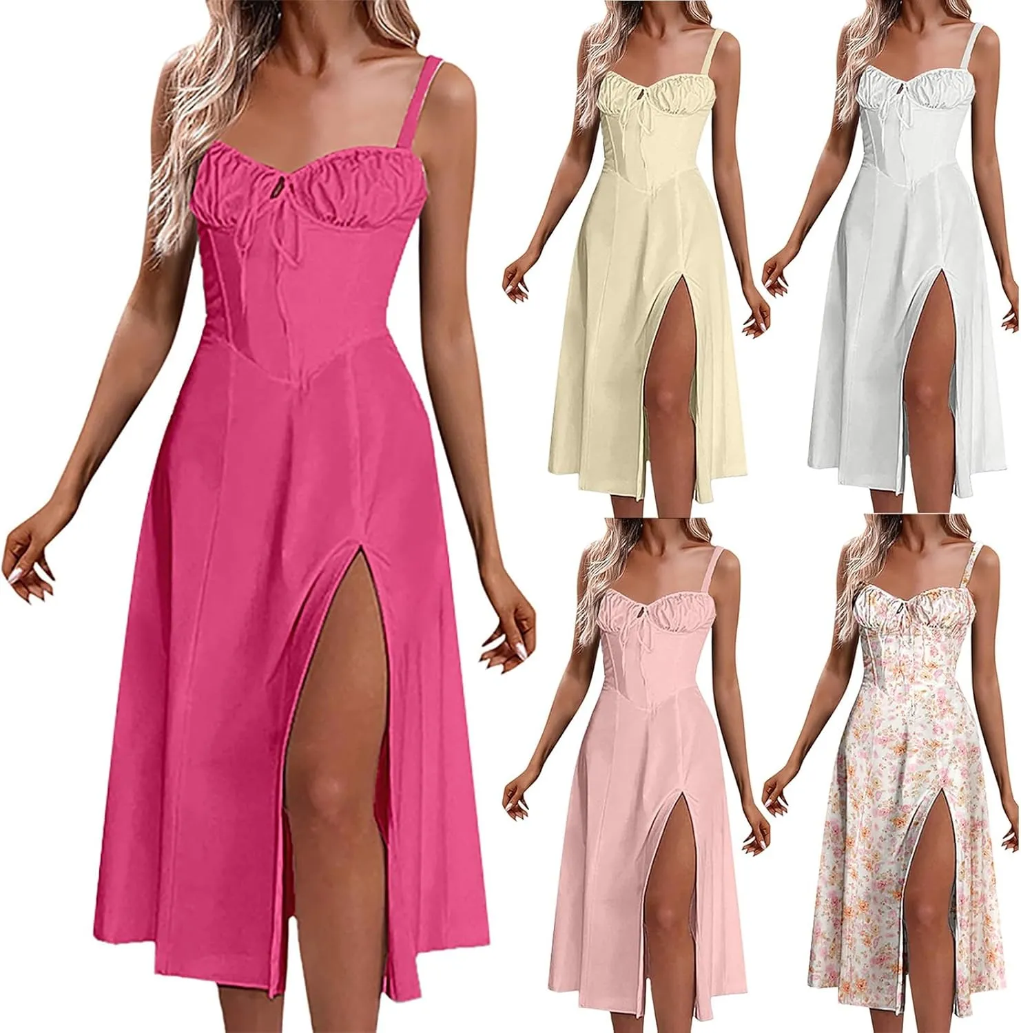 Women Floral Corset Dress Sleeveless Print Tie Dresses Spaghetti Strap Maxi Boho Flowy Slit Dress Beach Summer Dress