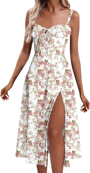 Women Floral Corset Dress Sleeveless Print Tie Dresses Spaghetti Strap Maxi Boho Flowy Slit Dress Beach Summer Dress