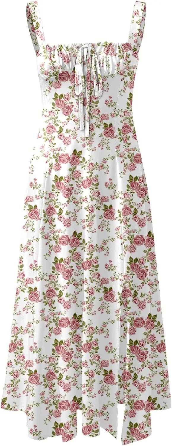 Women Floral Corset Dress Sleeveless Print Tie Dresses Spaghetti Strap Maxi Boho Flowy Slit Dress Beach Summer Dress