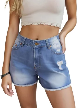 Women Mid Rise Ripped Jeans Shorts Classic Stretchy Frayed Raw Hem Casual Hole Denim Shorts