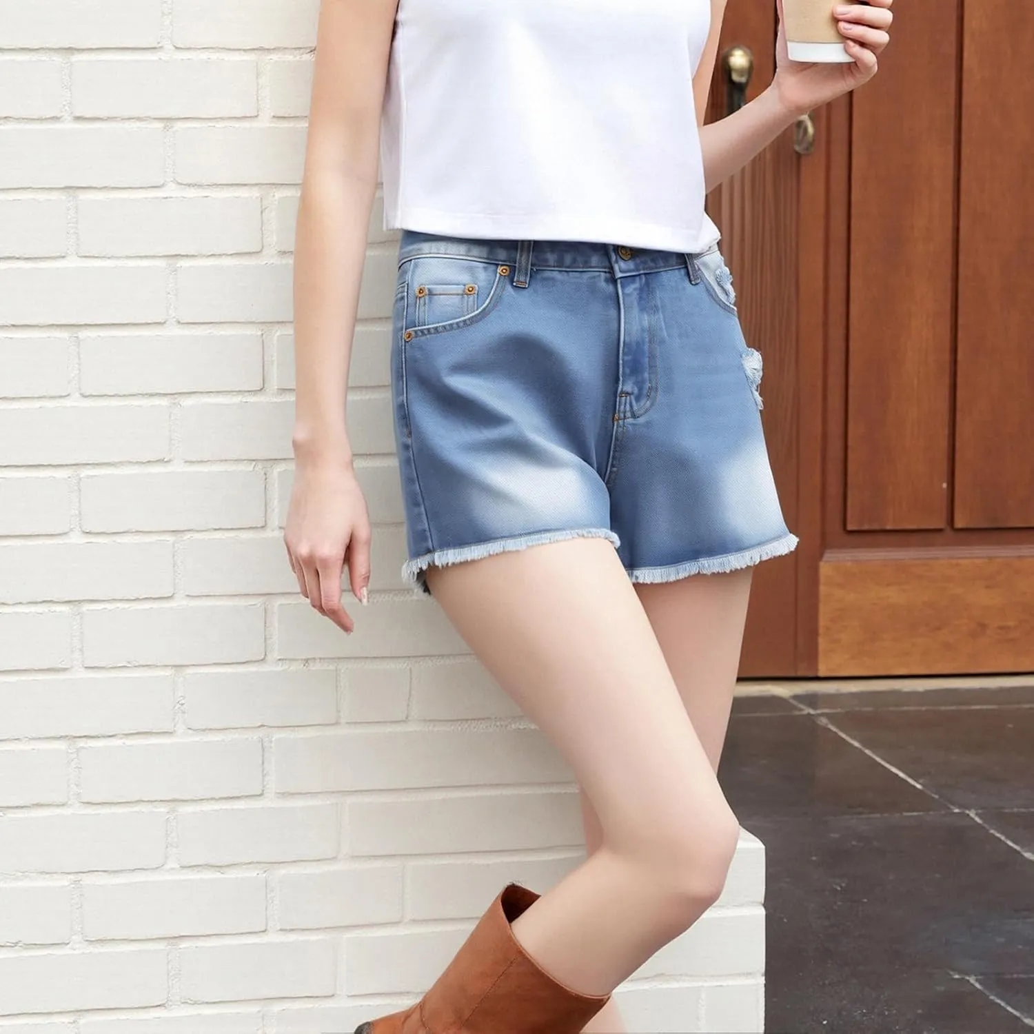 Women Mid Rise Ripped Jeans Shorts Classic Stretchy Frayed Raw Hem Casual Hole Denim Shorts