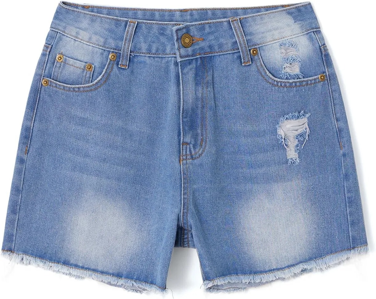 Women Mid Rise Ripped Jeans Shorts Classic Stretchy Frayed Raw Hem Casual Hole Denim Shorts