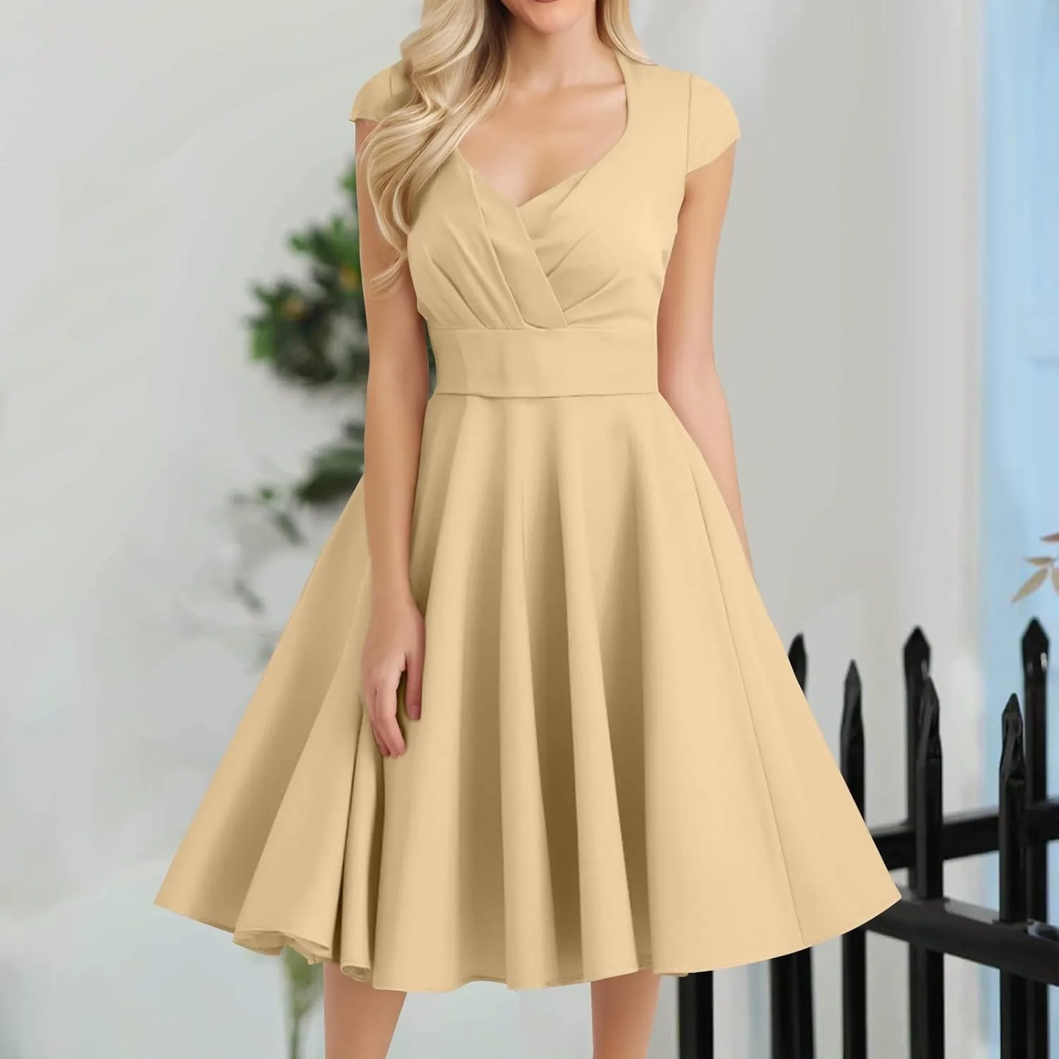 Women's 1950S Vintage Dress Wrap V Neck Cap Sleeve Dress Retro Cocktail Party Swing Dresses A-Line Flared Midi Dress