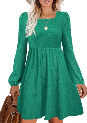 Womens Babydoll Dresses Square Neck Long Sleeve Knee Length Flowy Swing Shirring Mini Dresses Fall Dress