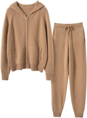 Women's Cashmere and Wool Blend Casual Knit Long Sleeve Thickening Type Hoodie Sweater and Pants Set, 2 Pieces,