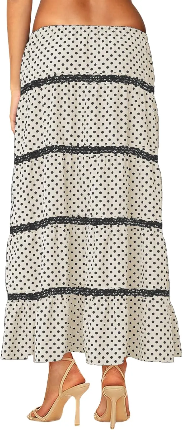 Women's Elastic High Waist Flowy Long Maxi Skirt Lace Crochet Summer Print Pleated Tiered Skirts