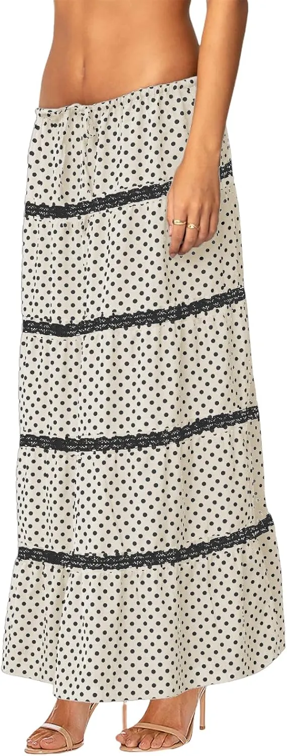 Women's Elastic High Waist Flowy Long Maxi Skirt Lace Crochet Summer Print Pleated Tiered Skirts
