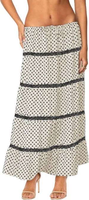 Women's Elastic High Waist Flowy Long Maxi Skirt Lace Crochet Summer Print Pleated Tiered Skirts