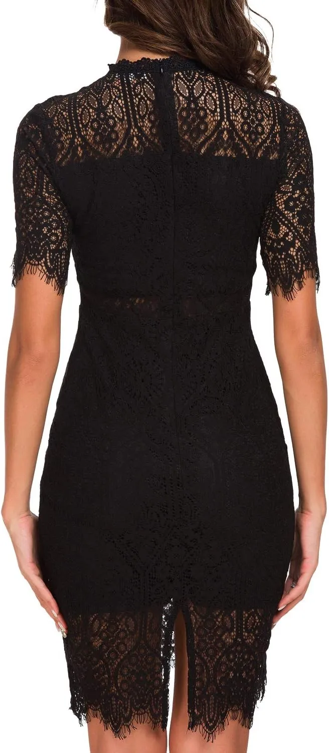 Women's Elegant High Neck Short Sleeves Lace Cocktail Party Dress