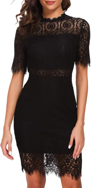 Women's Elegant High Neck Short Sleeves Lace Cocktail Party Dress
