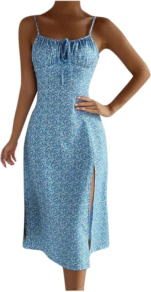 Women's Spaghetti Strap Bodycon Dress Sleeveless Ribbed Knit Slim Fit Side Slit Midi Dresses Summer Sexy Casual Dress