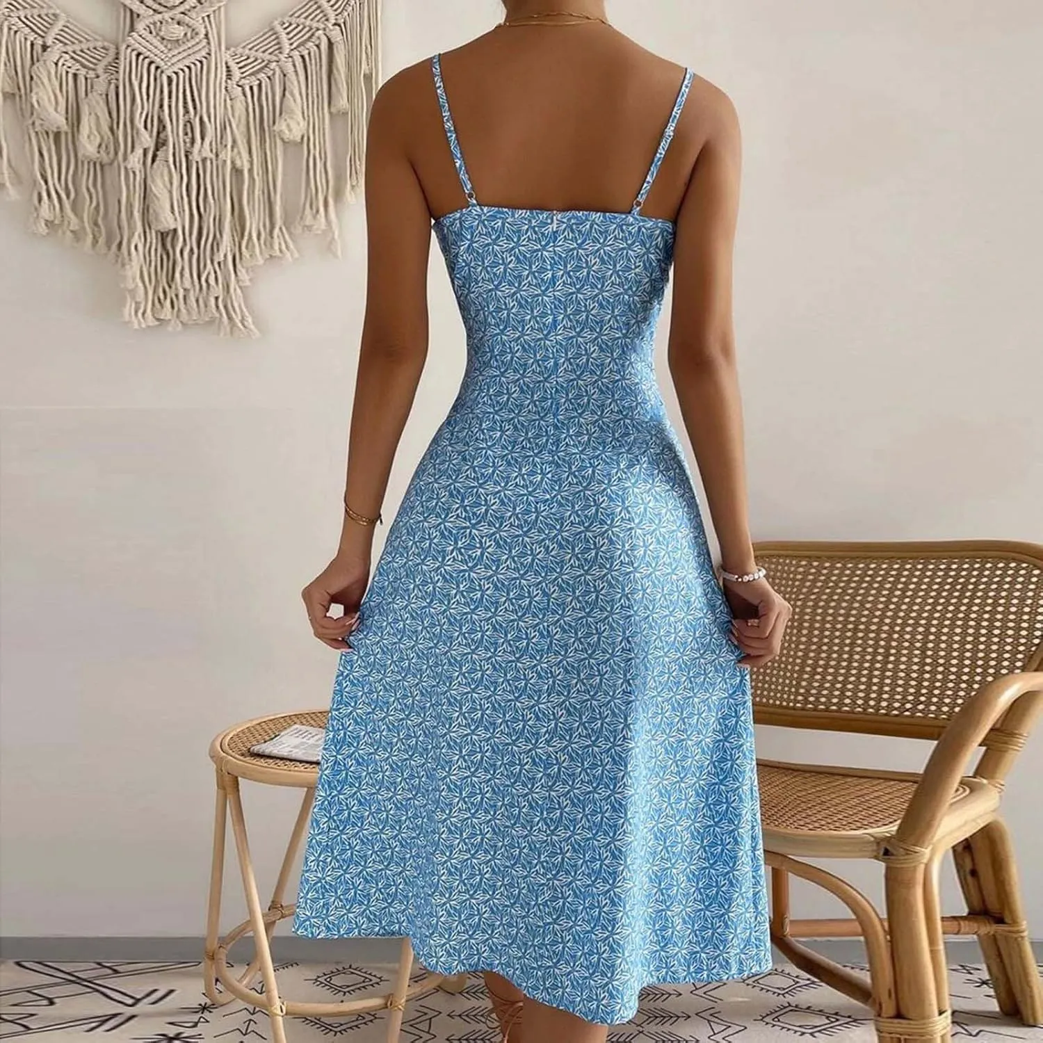Women's Spaghetti Strap Bodycon Dress Sleeveless Ribbed Knit Slim Fit Side Slit Midi Dresses Summer Sexy Casual Dress