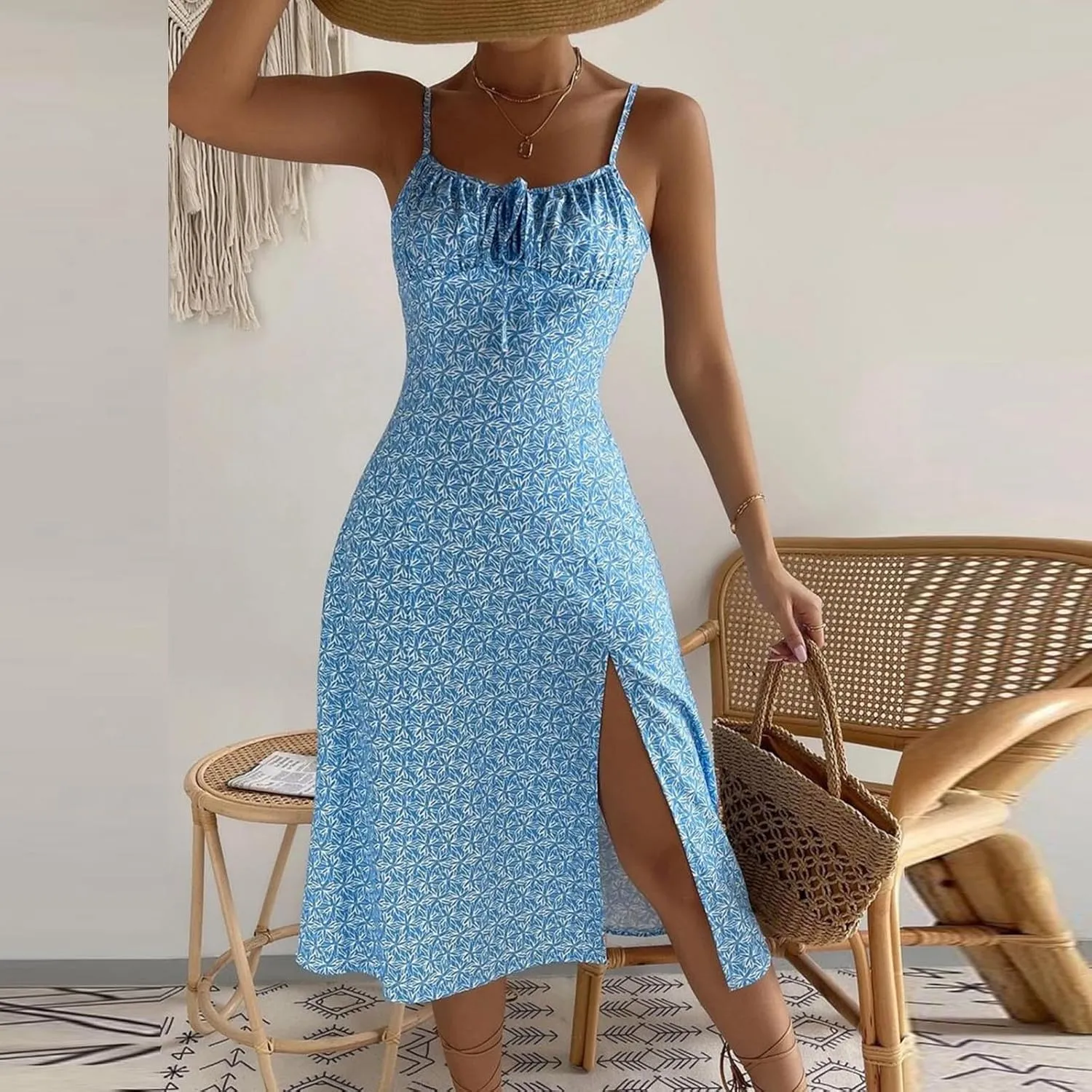 Women's Spaghetti Strap Bodycon Dress Sleeveless Ribbed Knit Slim Fit Side Slit Midi Dresses Summer Sexy Casual Dress